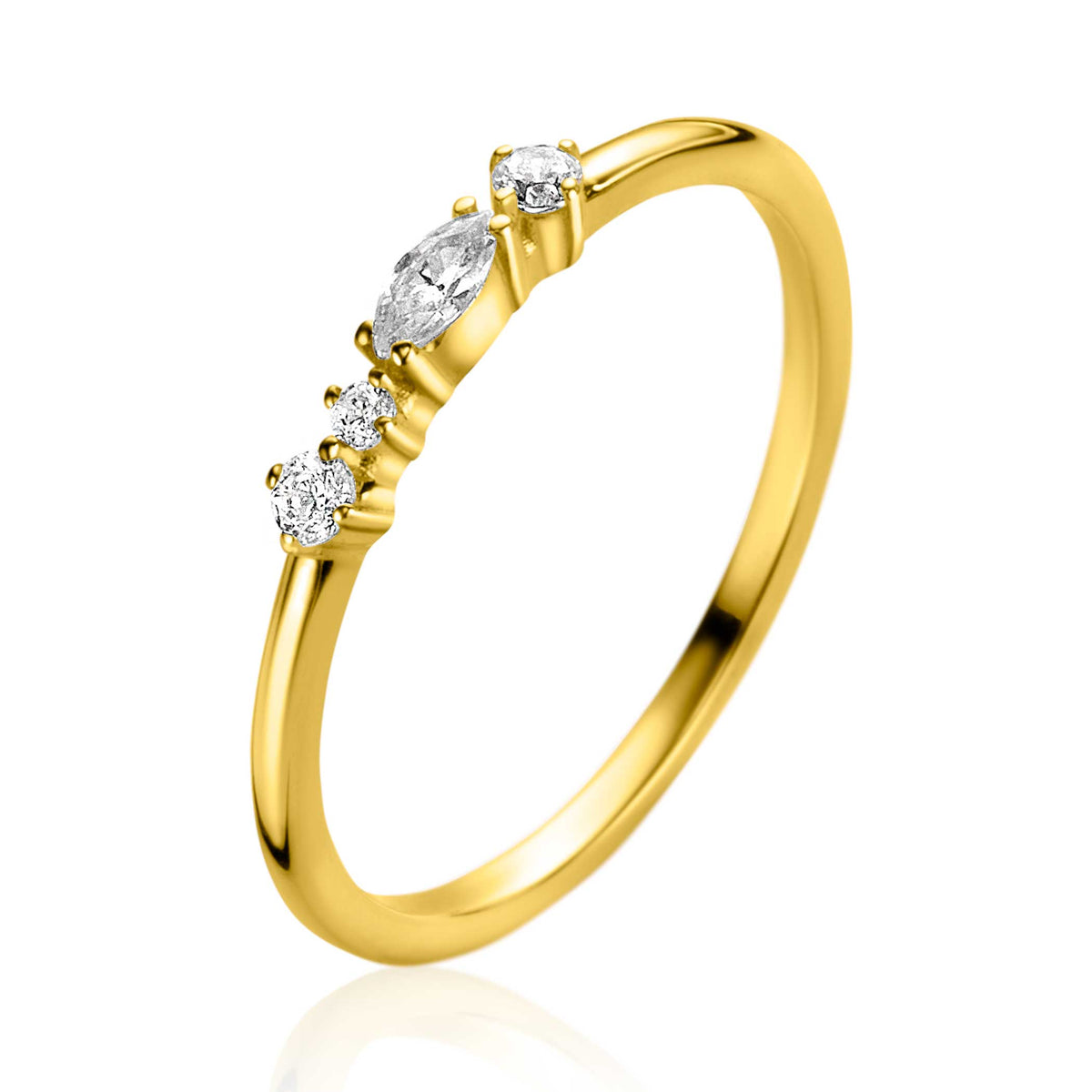 Bague en or avec trois pierres brillantes, dont une centrale en forme de poire.