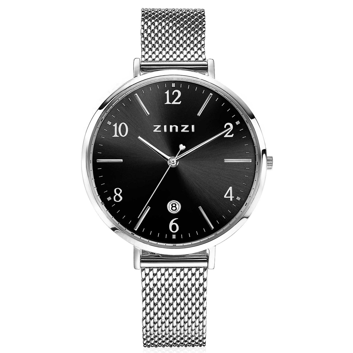 Montre en acier argenté avec un cadran noir, chiffres en relief et bracelet en maille.