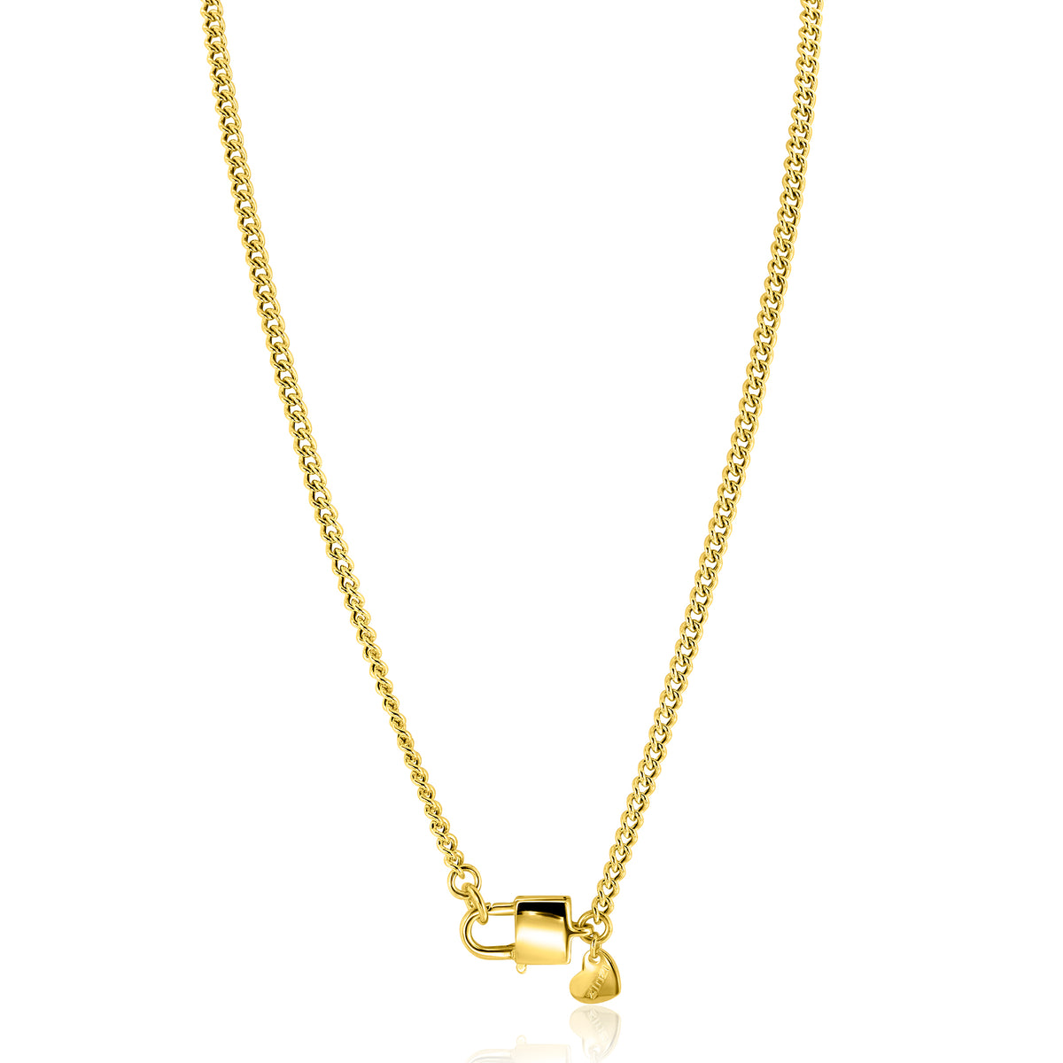 Collier doré avec un fermoir en forme de cadenas et un petit cœur.
