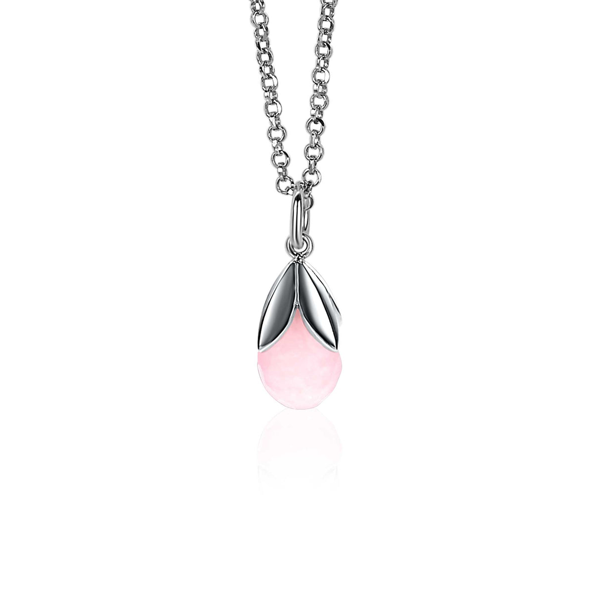 Pendentif en argent avec une pierre rose en forme de goutte, suspendu à une chaîne délicate.