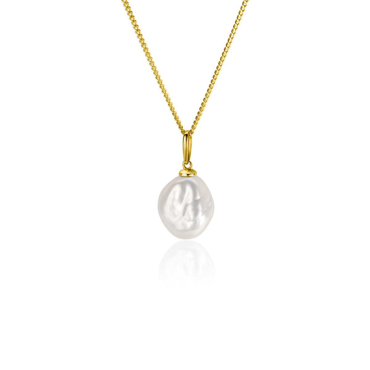 Pendentif en perle blanche sur une chaîne en or.