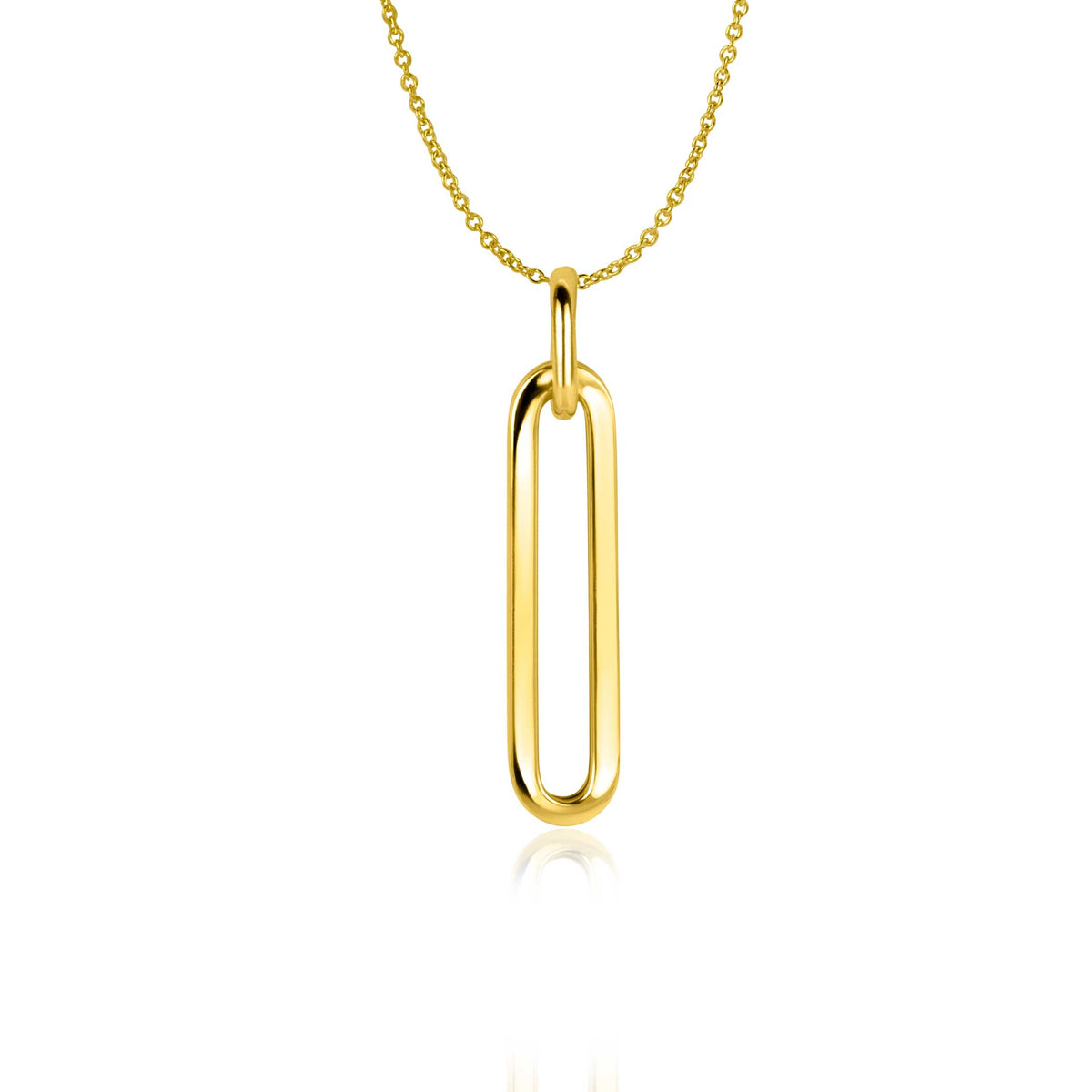 Pendentif doré en forme de trombone suspendu à une chaîne délicate.