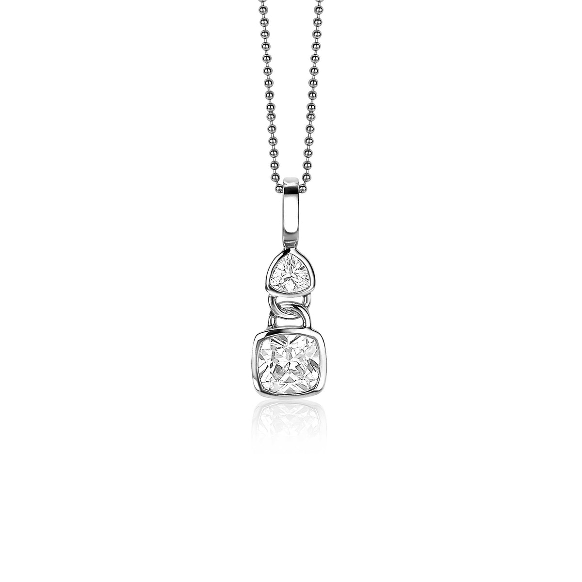 Pendentif en argent avec deux pierres précieuses, l'une ronde et l'autre en forme de goutte.