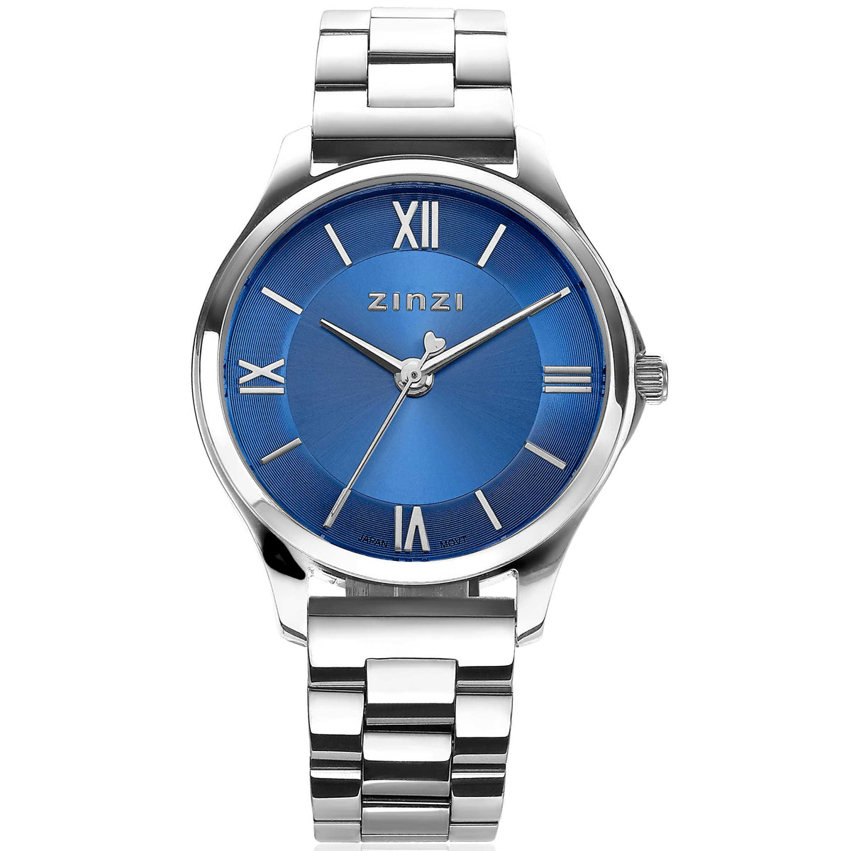 Montre en acier argenté avec cadran bleu et chiffres romains.