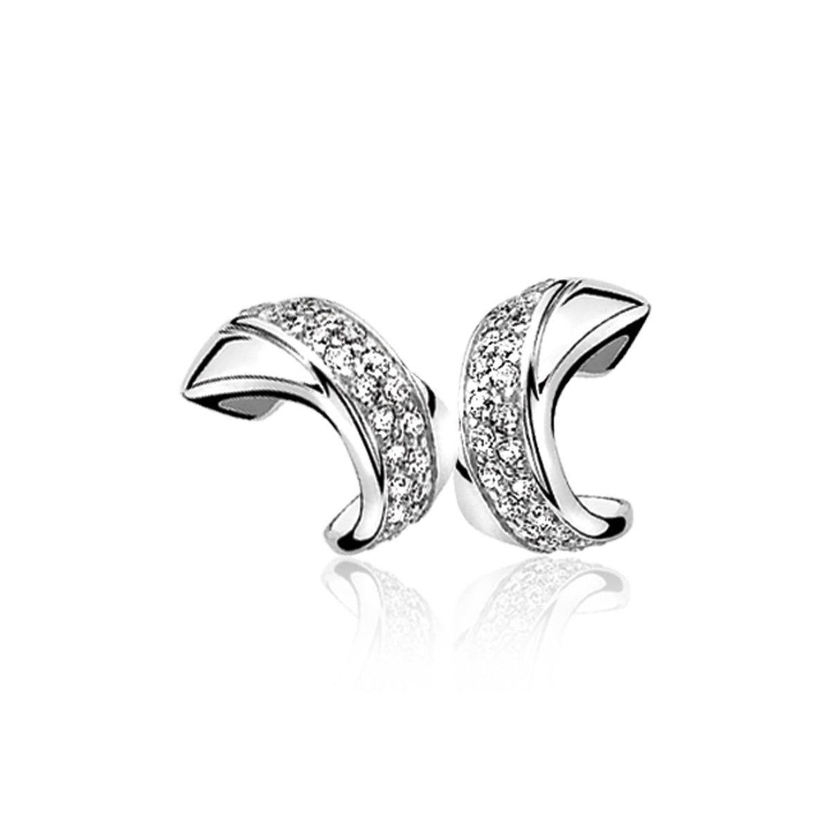 Boucles d'oreilles en argent avec des détails en zirconium, en forme de croissant.