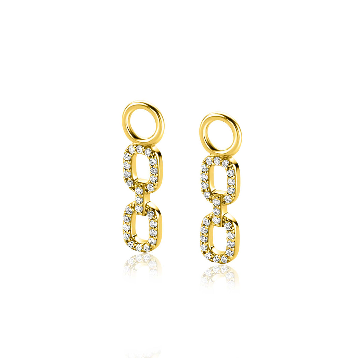 Boucles d'oreilles dorées avec des maillons ornés de cristaux.
