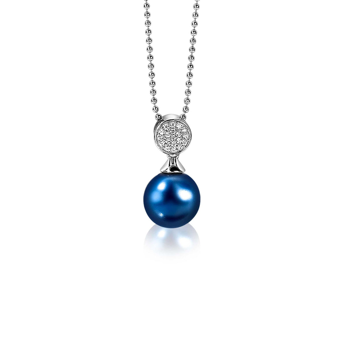 Pendentif en argent avec perle bleue et détail en zircon.