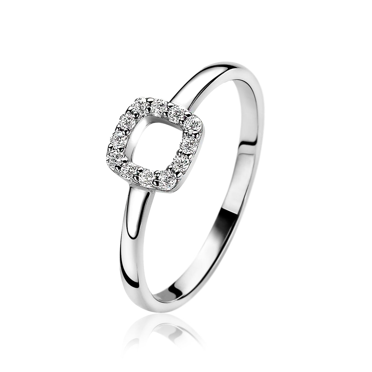 Bague en argent avec un motif carré orné de zircons.