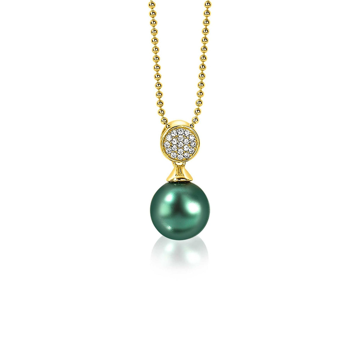 Pendentif en or jaune avec perle verte et détail en strass.