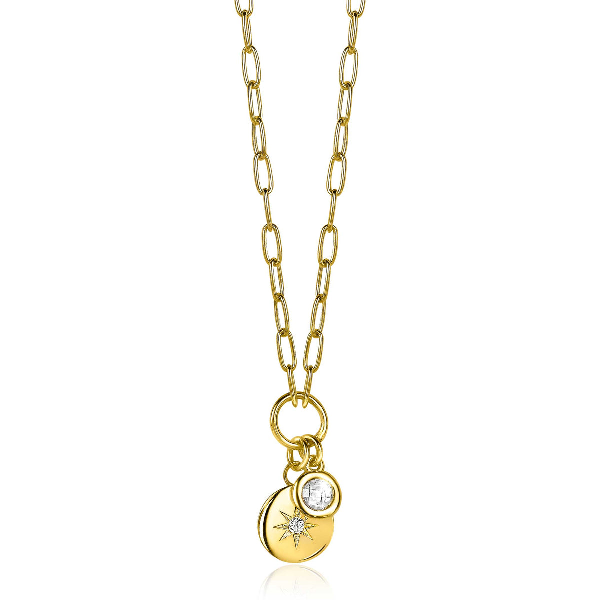 Collier doré avec pendentif rond et étoile, orné d'un cristal.
