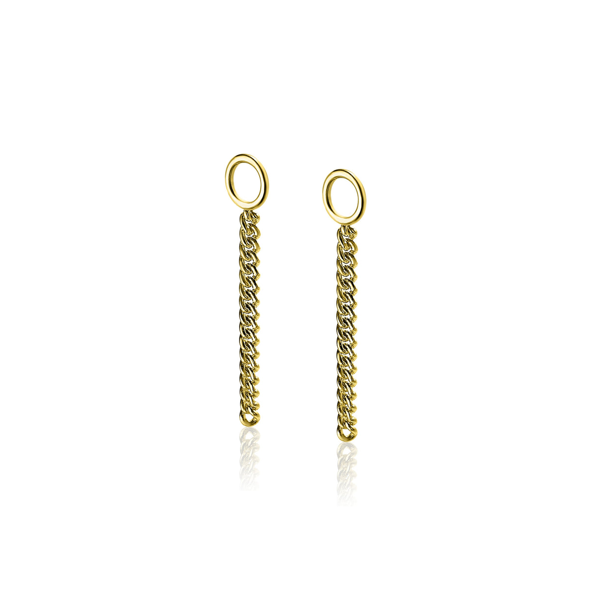 Boucles d'oreilles dorées en chaîne avec un design allongé et des anneaux.