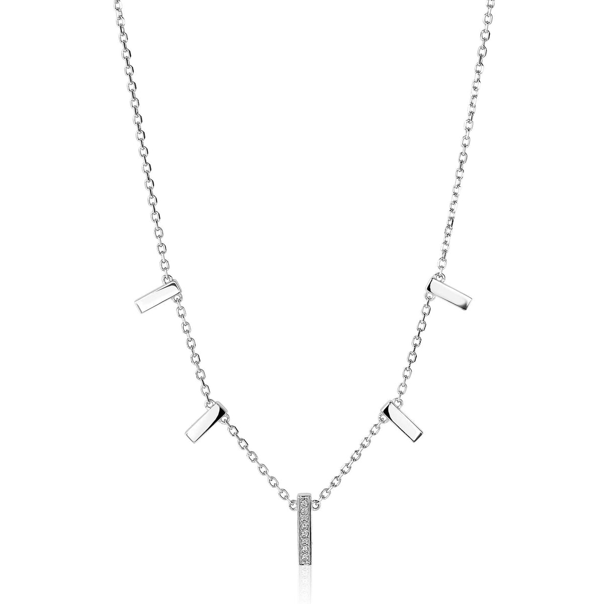 Collier en argent avec des barres et un pendentif orné de zirconiums.