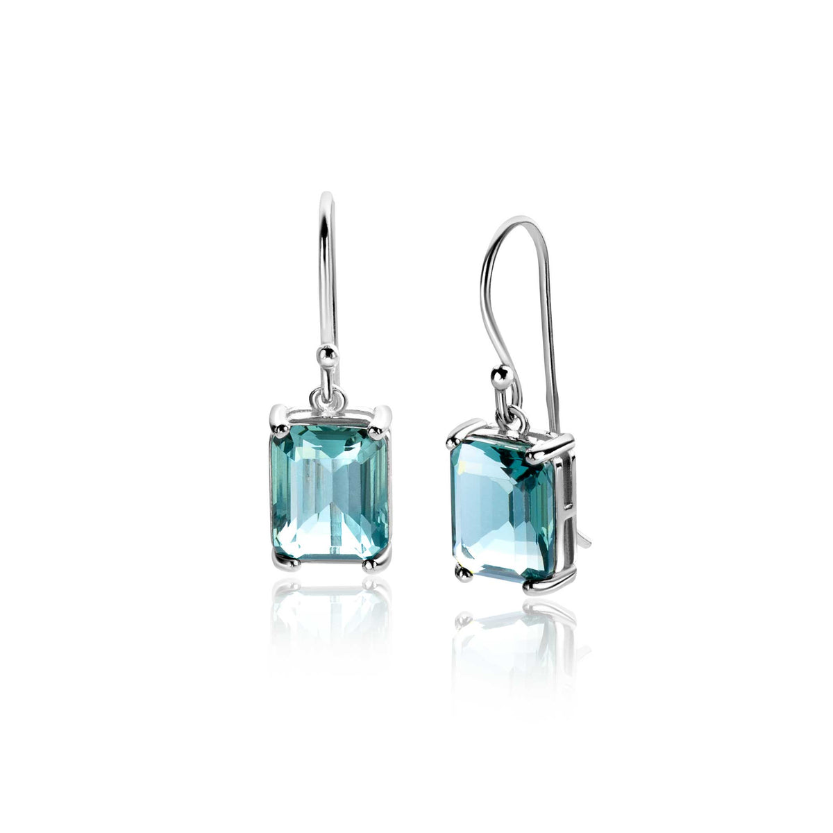 Boucles d'oreilles en argent avec pendentifs en forme de rectangle, ornés de pierres bleu-vert.