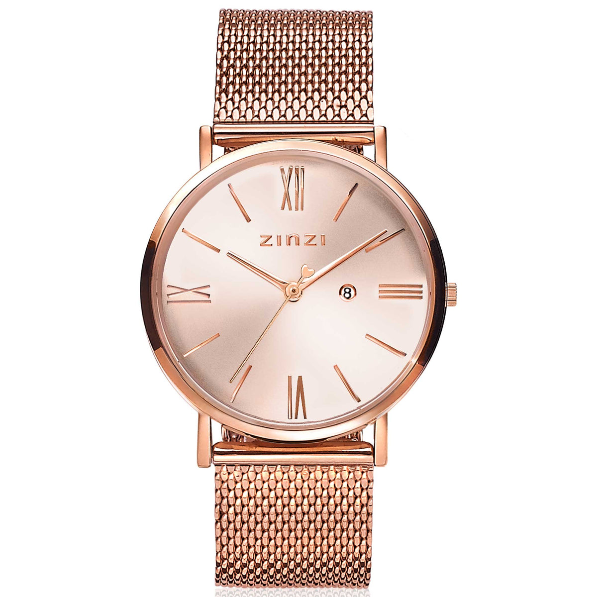 Montre en acier couleur or rose avec un cadran doré et un bracelet en maille.