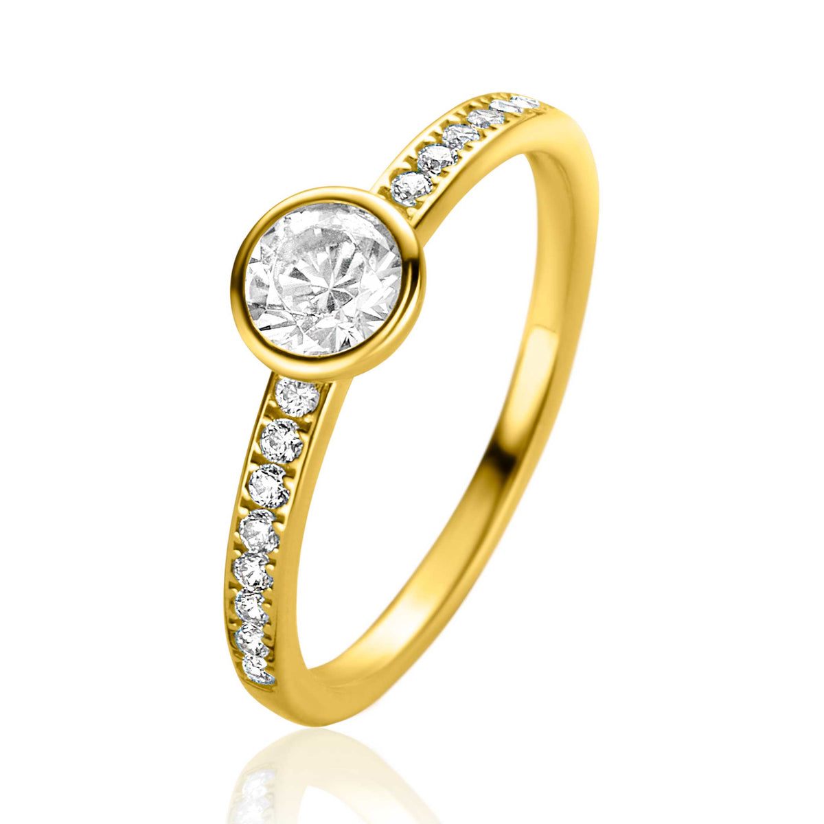 Bague en or avec un zircon central et des zircons sur le côté.