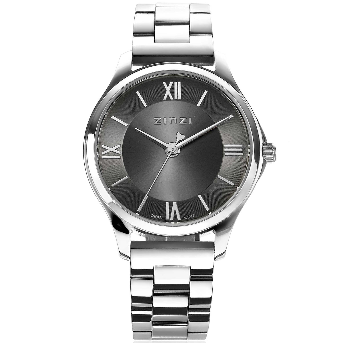 Montre en acier argenté avec cadran gris et chiffres romains.