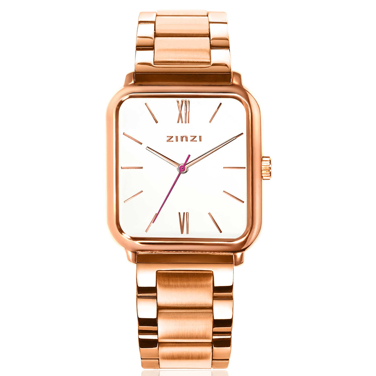 Montre en acier inoxydable couleur or rose avec cadran blanc et index romains.