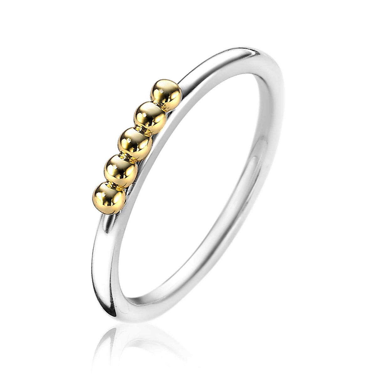 Bague en argent avec cinq billes dorées sur le dessus.