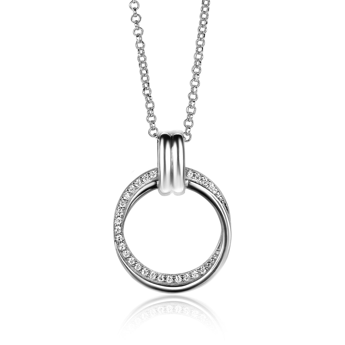 Collier en argent avec pendentif circulaire orné de cristaux.
