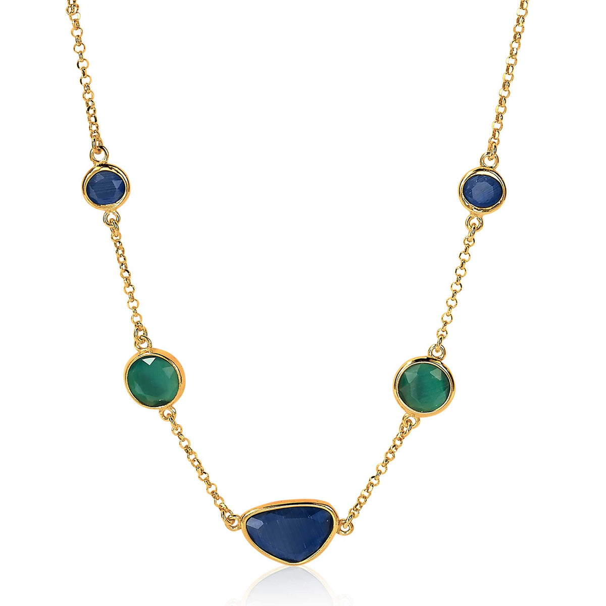 Collier doré avec des pierres semi-précieuses bleues et vertes en différentes formes.