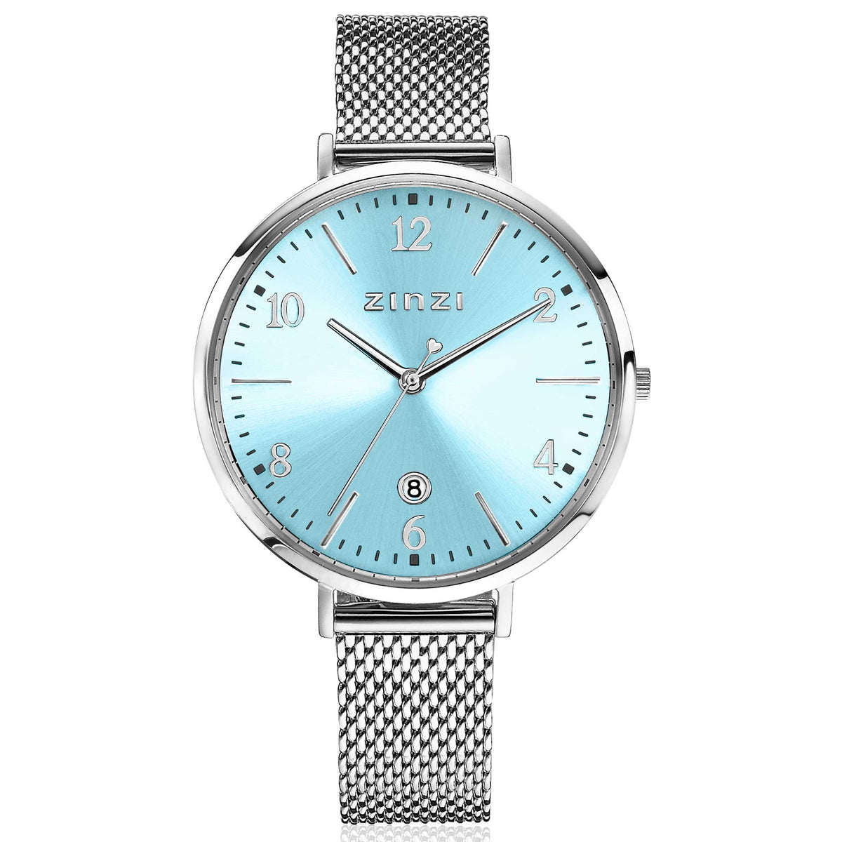 Montre argentée en acier avec cadran bleu et bracelet en maille.