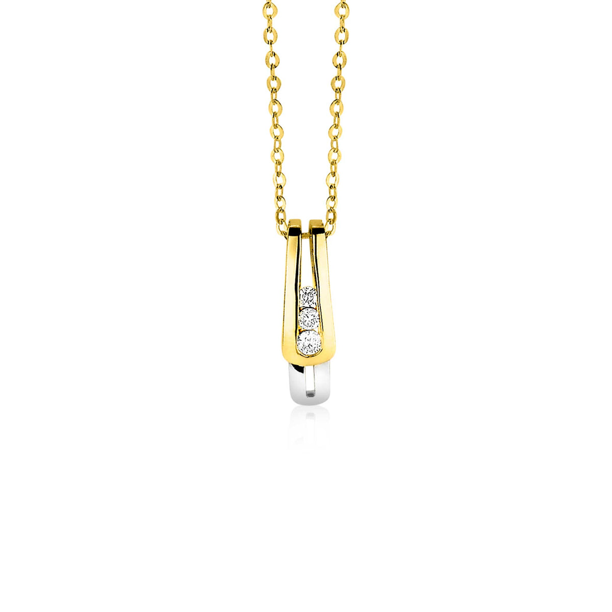 Pendentif en or avec trois petites pierres brillantes, suspendu à une chaîne dorée.