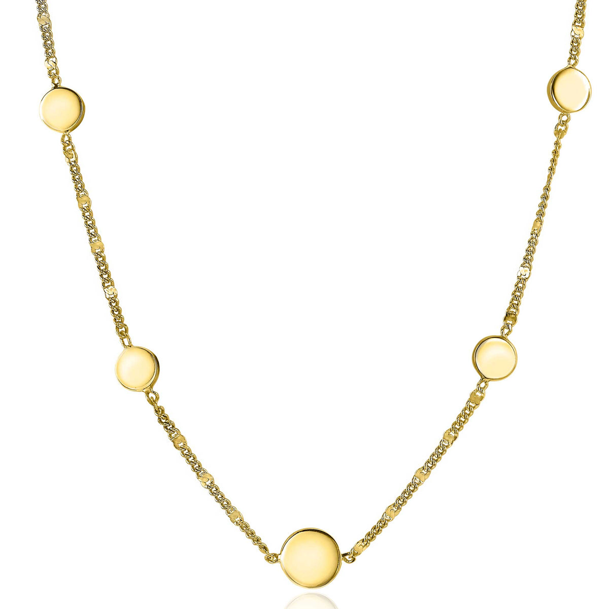 Collier doré avec des disques ronds et une chaîne délicate.