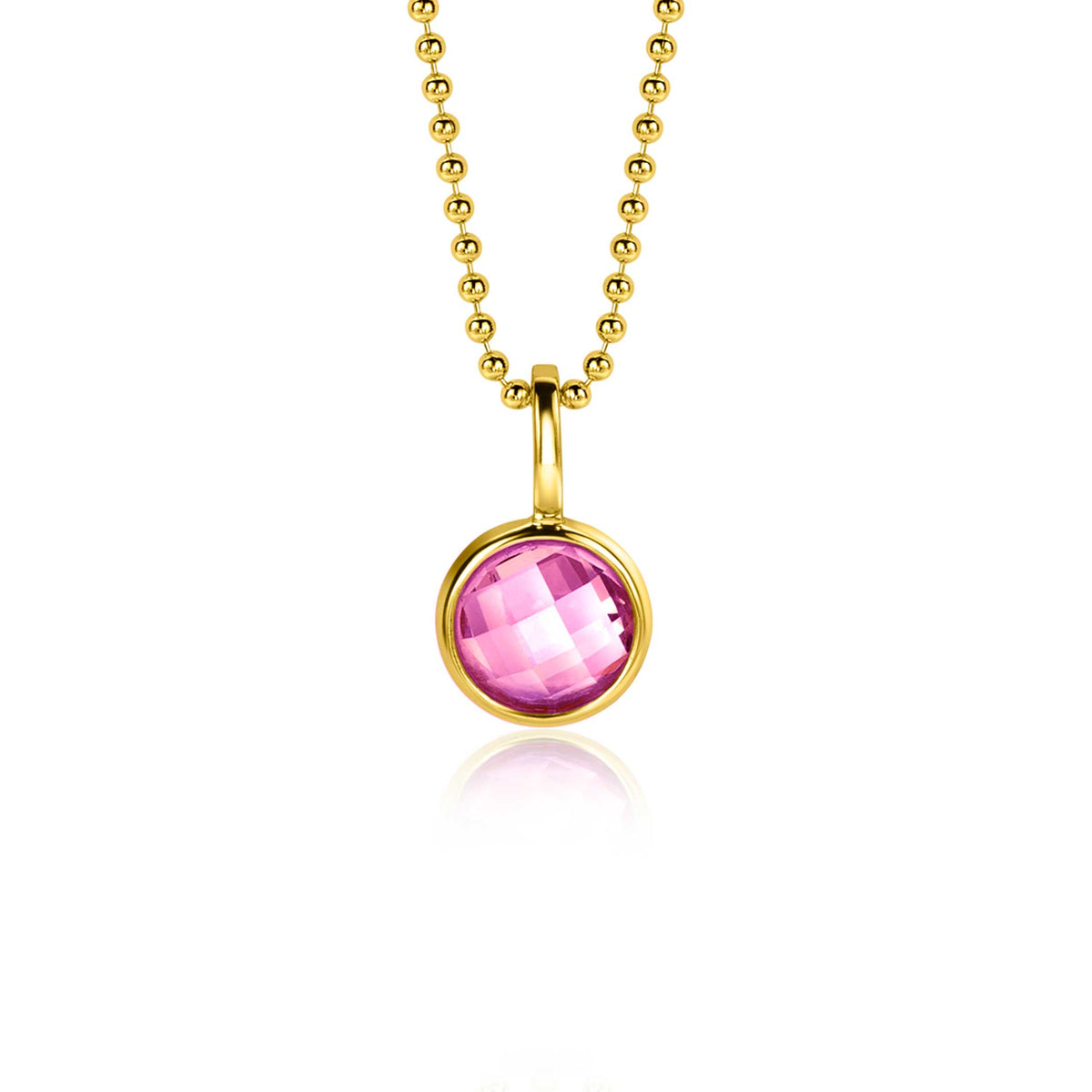 Pendentif en plaqué or avec une pierre rose ronde, suspendu à une chaîne à billes.