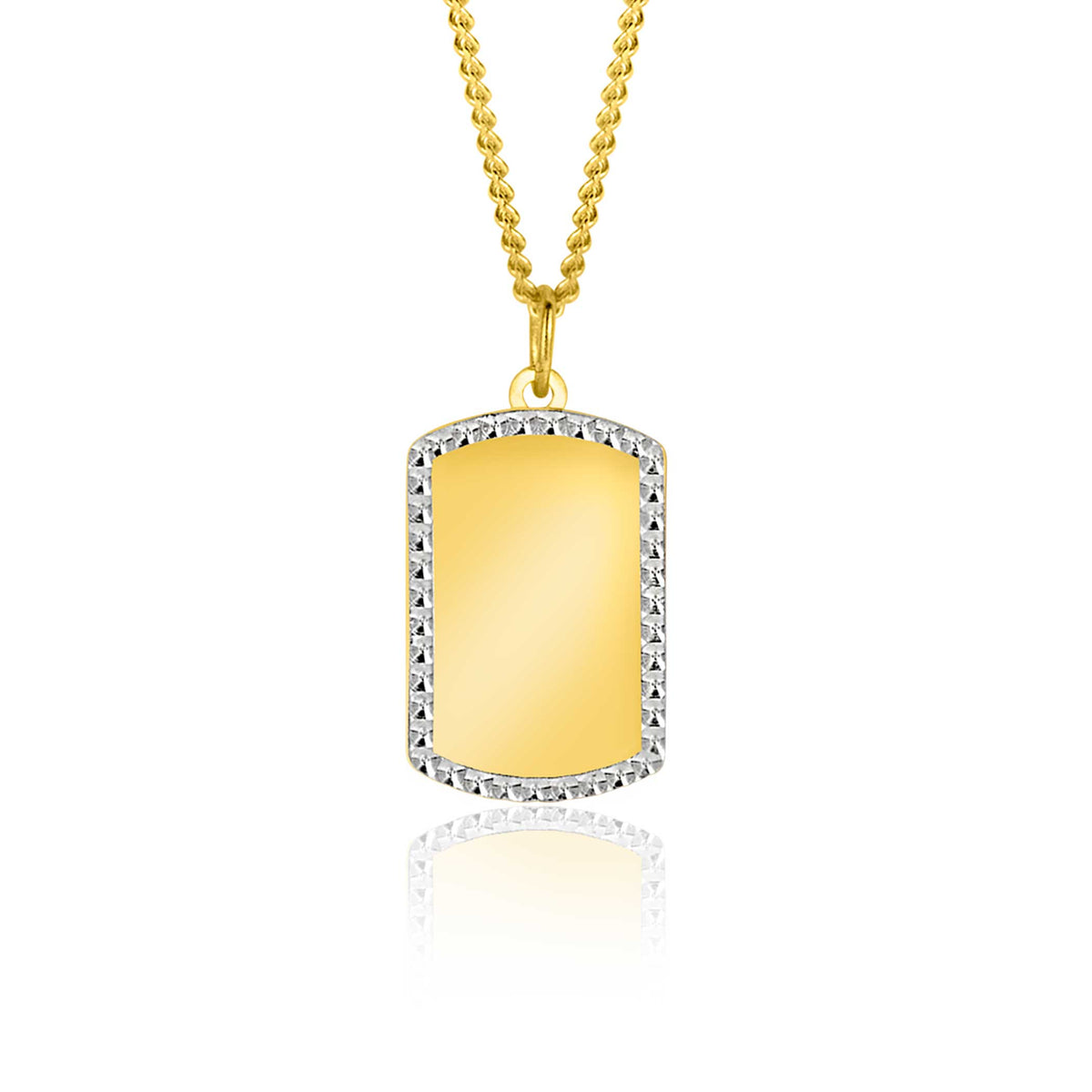 Pendentif doré rectangulaire avec bordure en zirconium, suspendu à une chaîne.