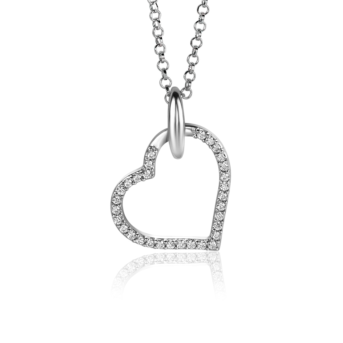 Pendentif en forme de cœur en argent avec des zircons scintillants.