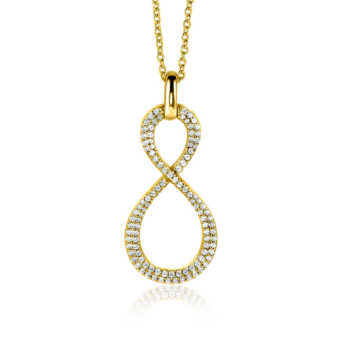 Pendentif doré en forme de huit, orné de zircons scintillants.
