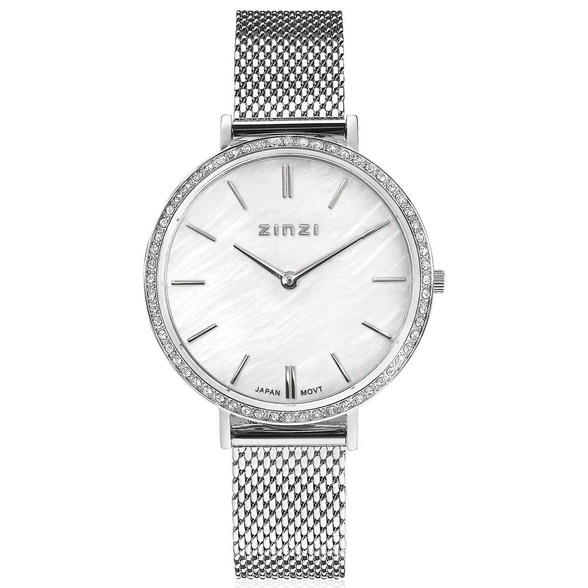 Montre en acier argenté avec un cadran blanc et des cristaux autour du boîtier.