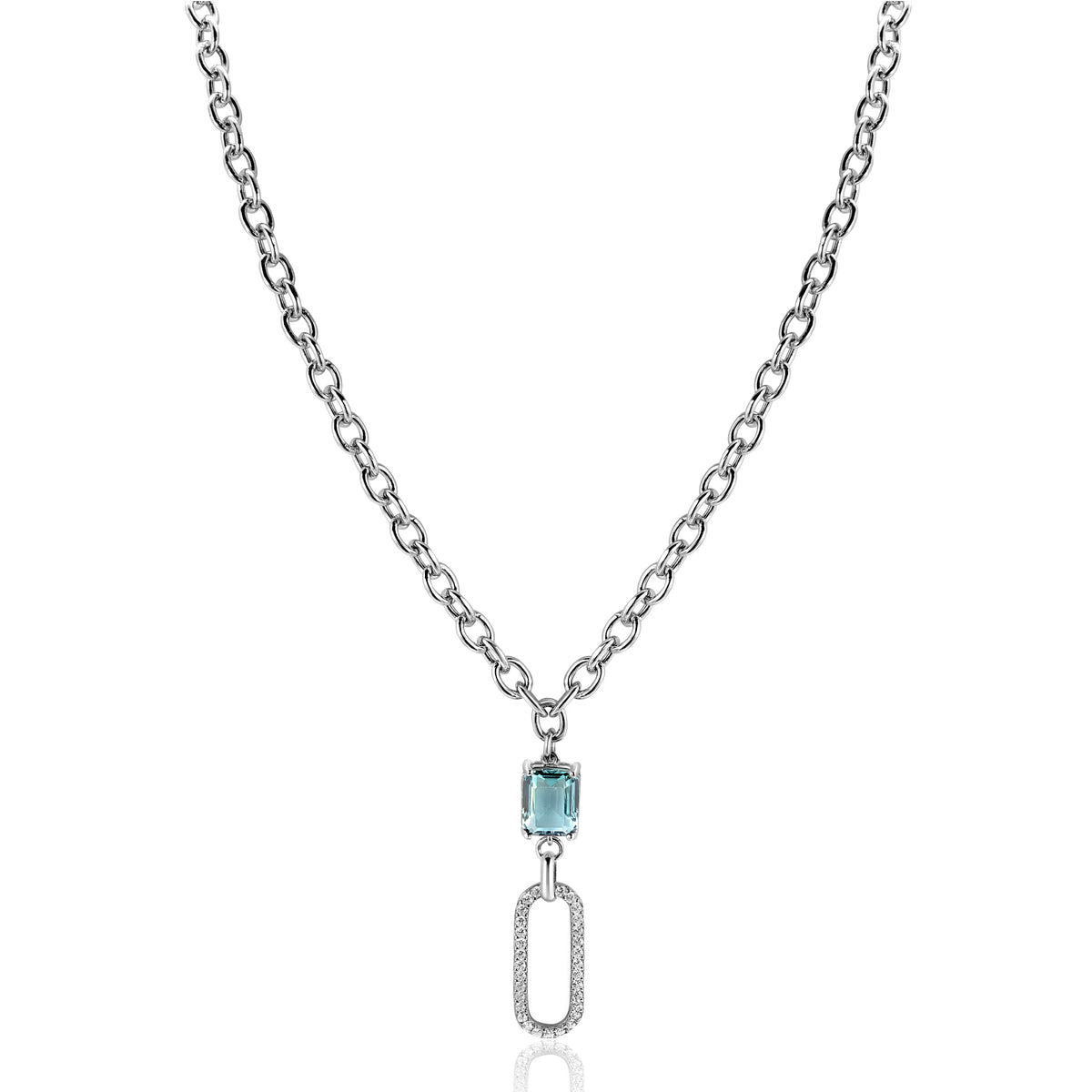 Collier en argent avec un pendentif rectangulaire et une pierre bleue.