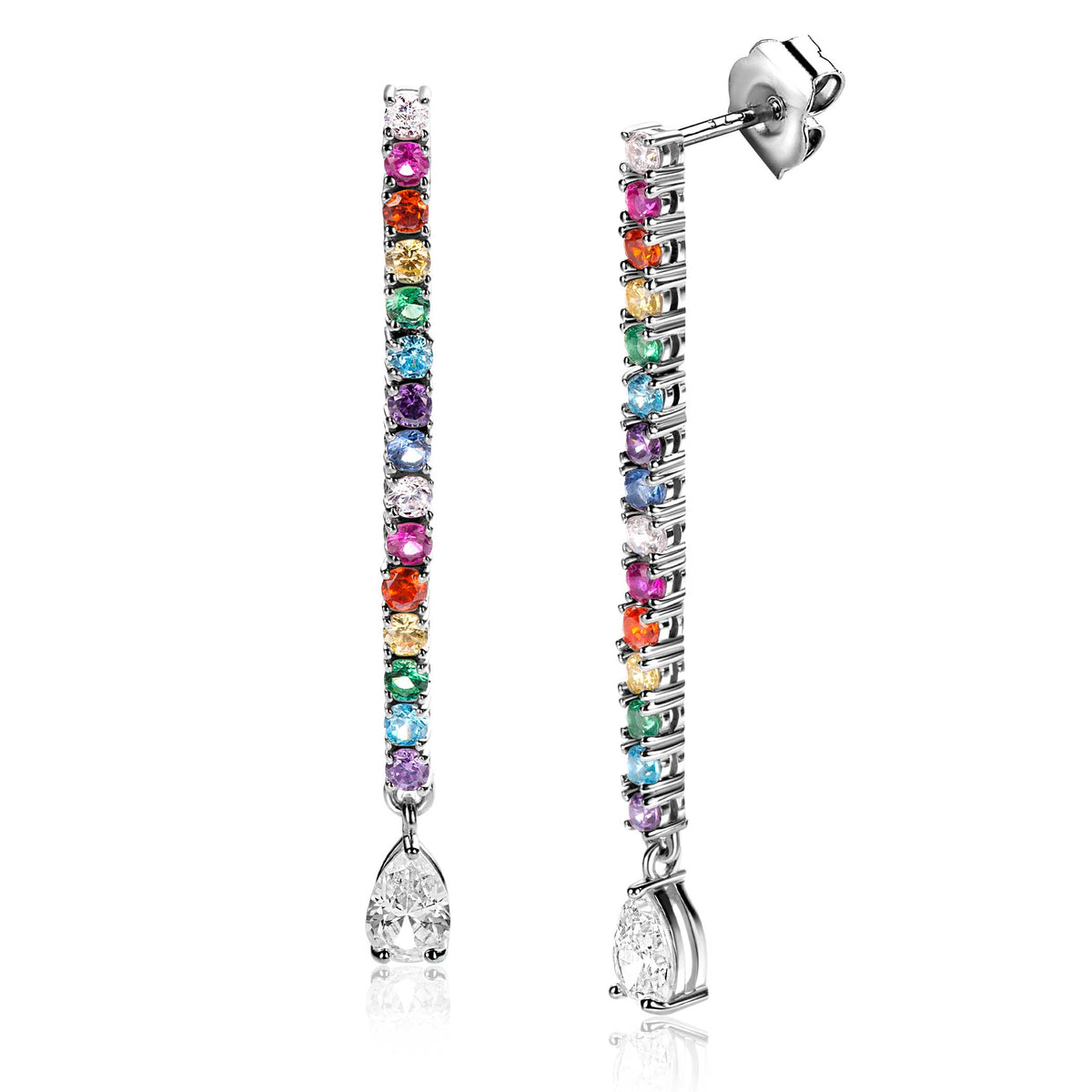Boucles d'oreilles en argent avec des pierres multicolores et un pendentif en forme de goutte.