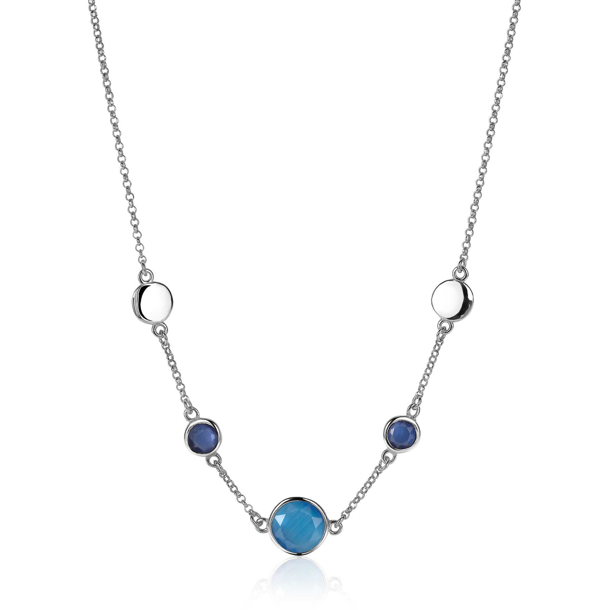 Collier en argent avec des pierres rondes bleues et turquoise, monté sur une chaîne délicate.