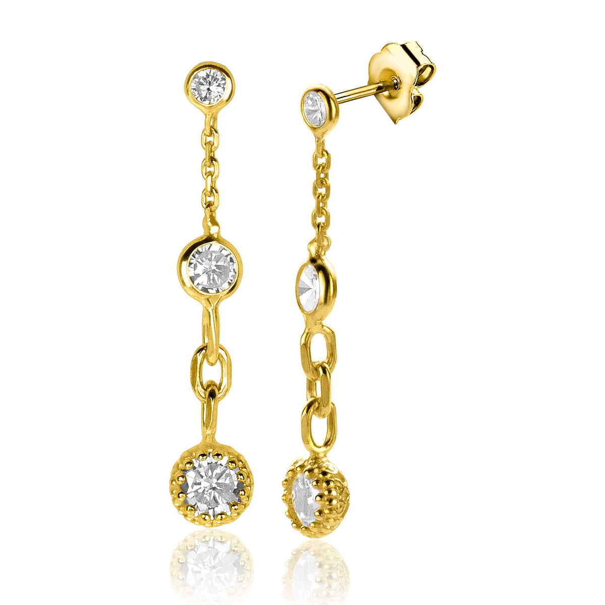 Boucles d'oreilles dorées avec des pierres brillantes en forme ronde, suspendues par une chaîne.