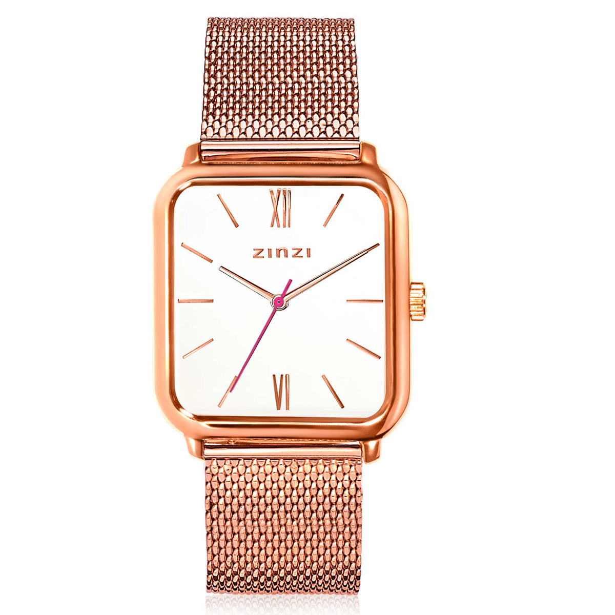 Montre en acier inoxydable doré rose avec un cadran blanc et des chiffres romains.