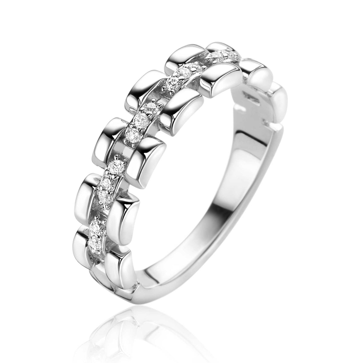 Bague en argent avec des éléments arrondis et des zirconiums brillants.