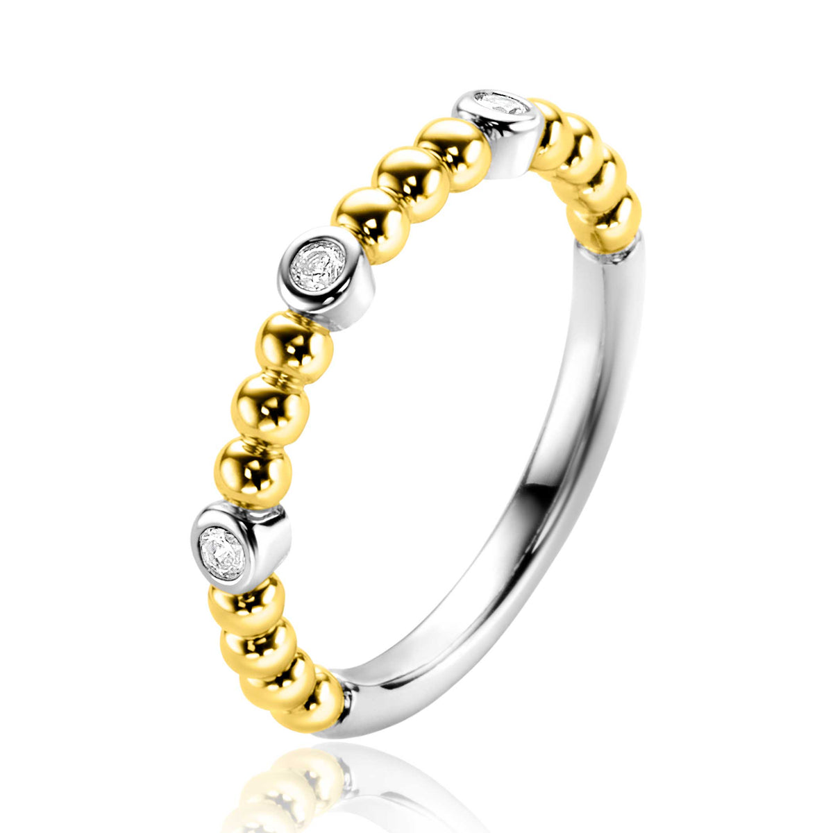 Bague dorée avec des perles argentées et des zircons.
