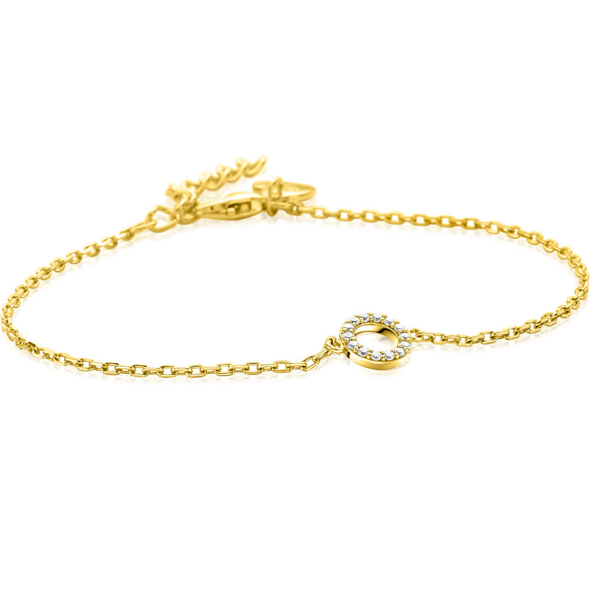 Bracelet doré avec un pendentif rond orné d'un cristal transparent.