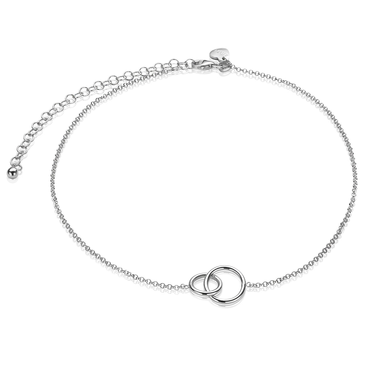 Bracelet en argent avec deux anneaux entrelacés et chaîne ajustable.