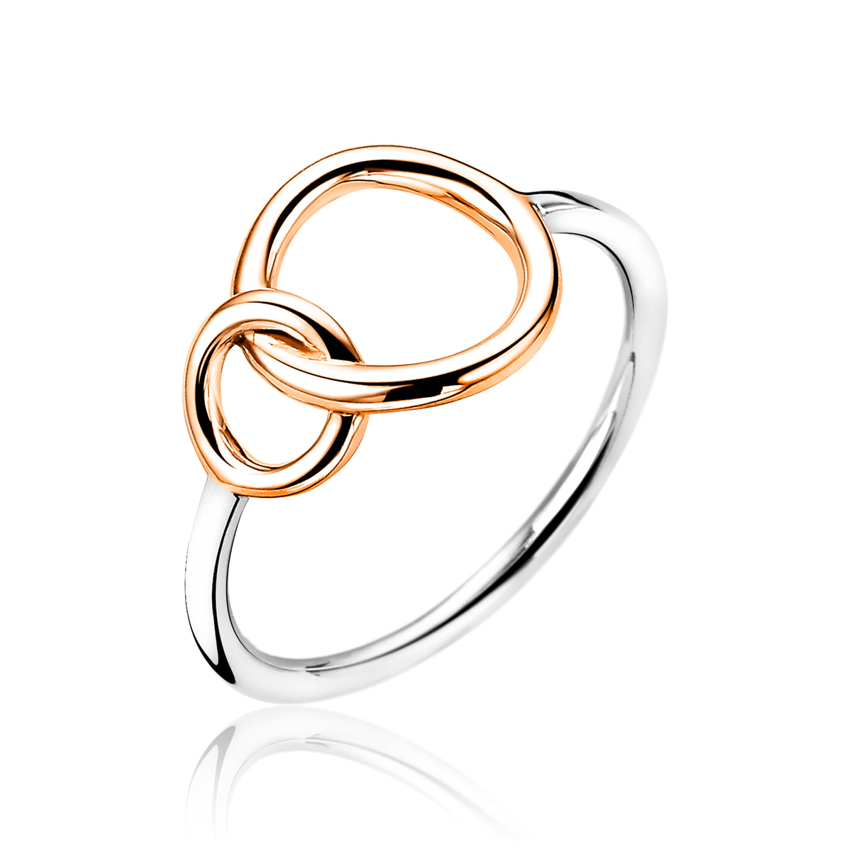 Bague en argent avec deux anneaux entrelacés, l'un doré et l'autre argenté.