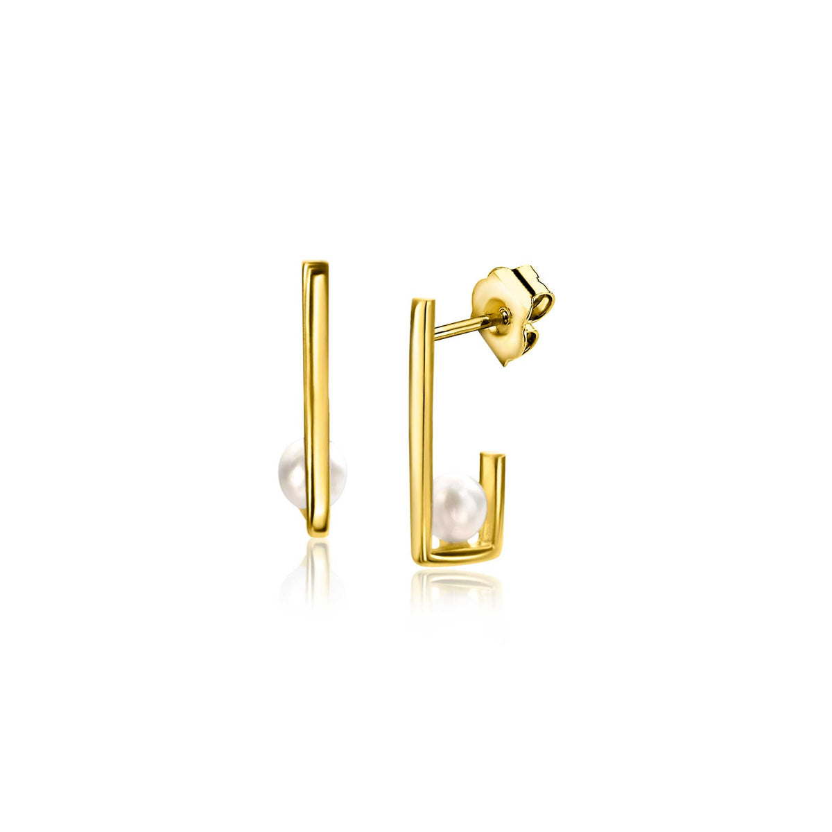 Boucles d'oreilles en or avec une perle, design minimaliste en forme de barre.