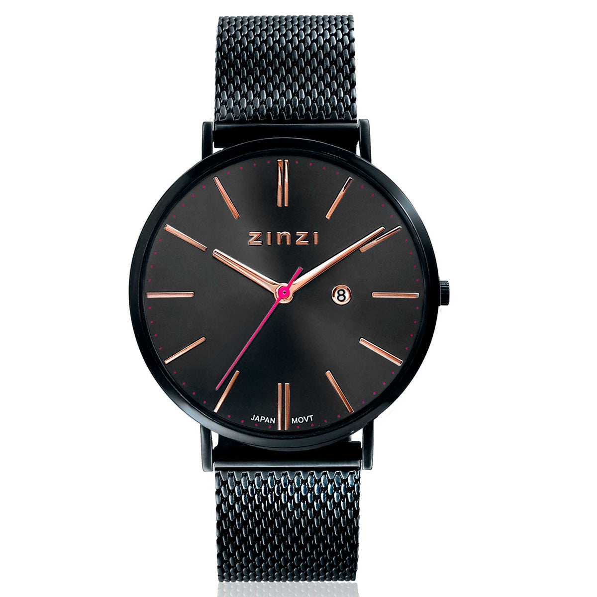 Montre noire en acier avec un cadran noir, index rose et bracelet en maille.