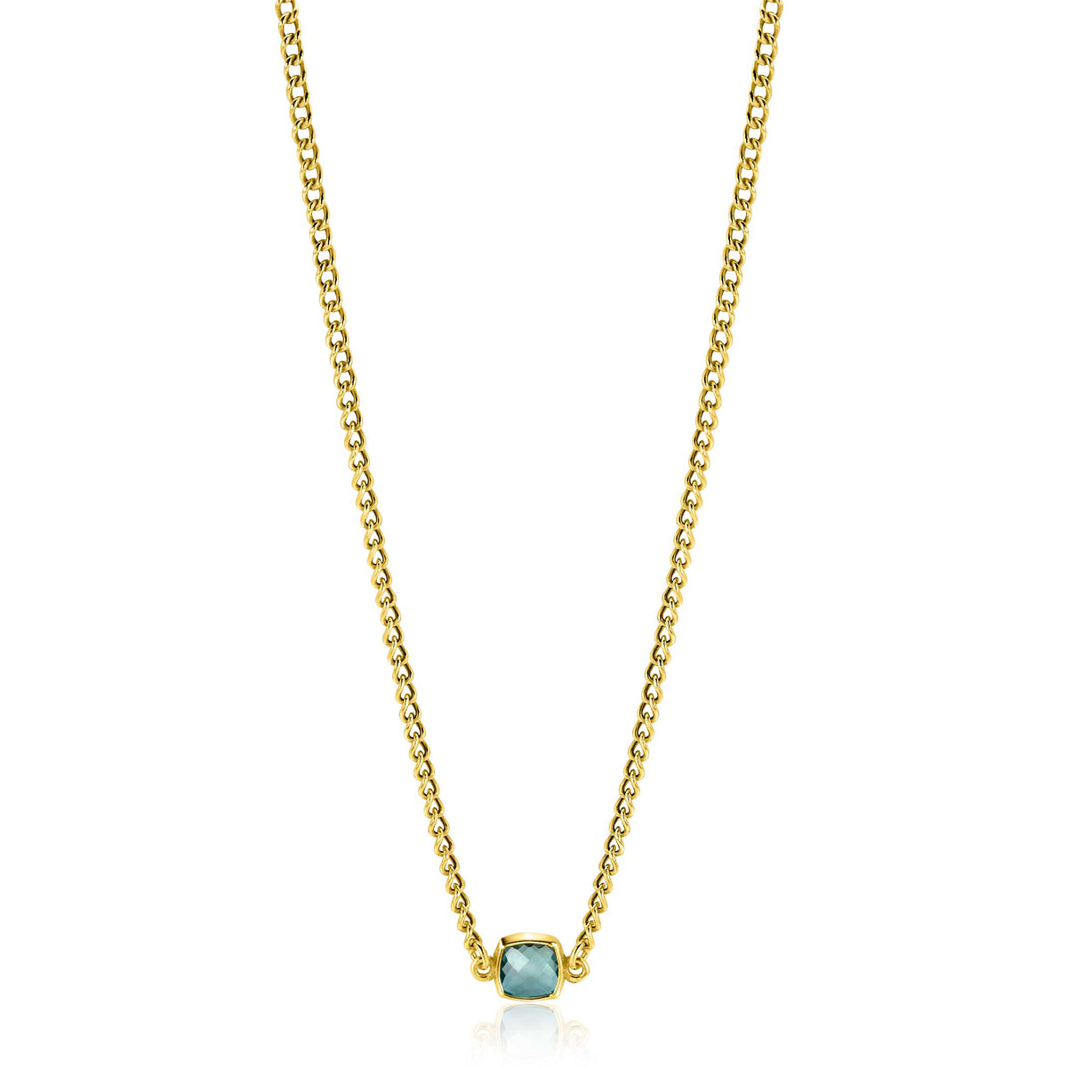 Collier doré avec un pendentif en pierre bleue.