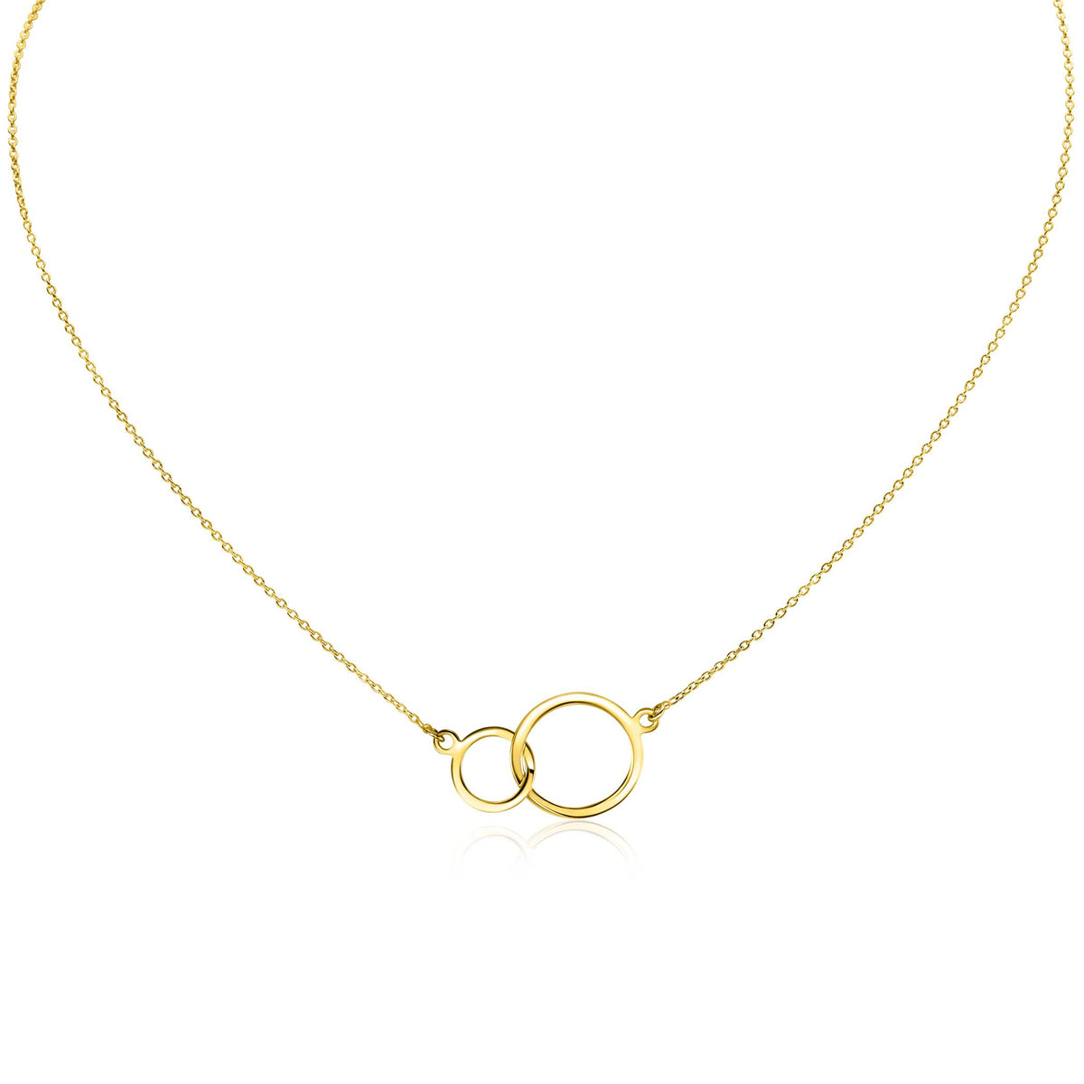Collier en or avec deux anneaux entrelacés, finition brillante.
