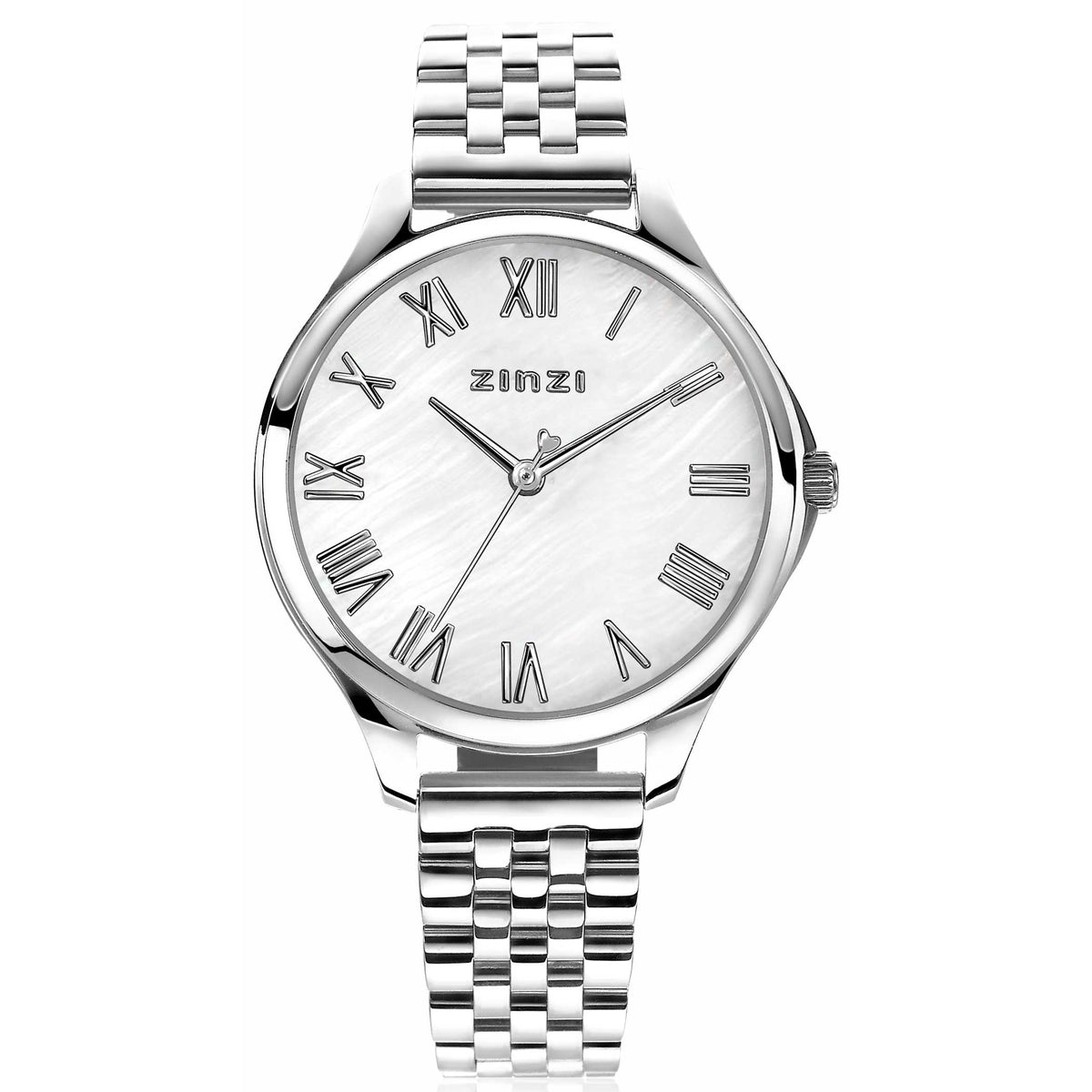 Montre en acier argenté avec un cadran blanc et des chiffres romains.