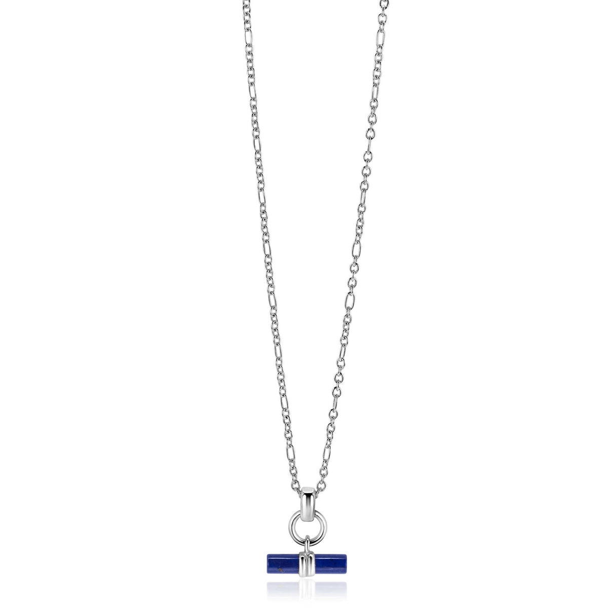 Collier en argent avec pendentif bleu en forme de barre.