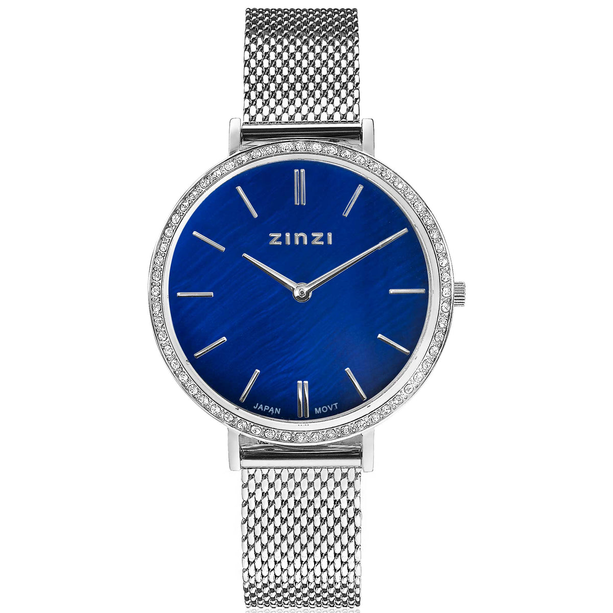 Montre en acier argenté avec un cadran bleu et des cristaux autour du boîtier.
