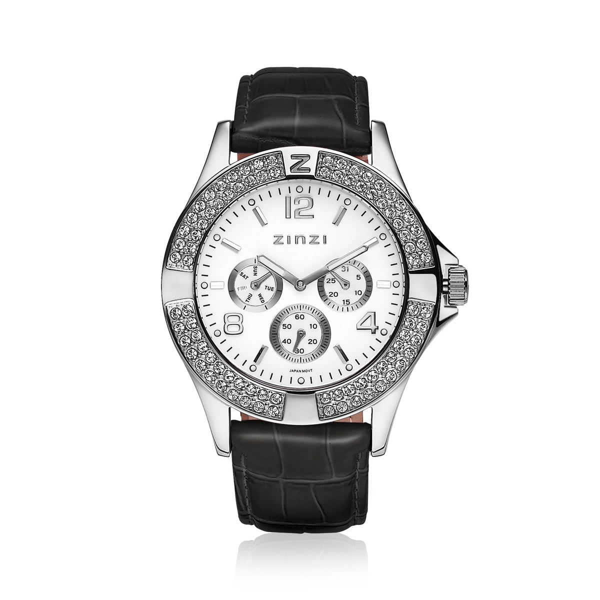 Montre en acier argenté avec cadran blanc, ornée de strass et bracelet en cuir noir.